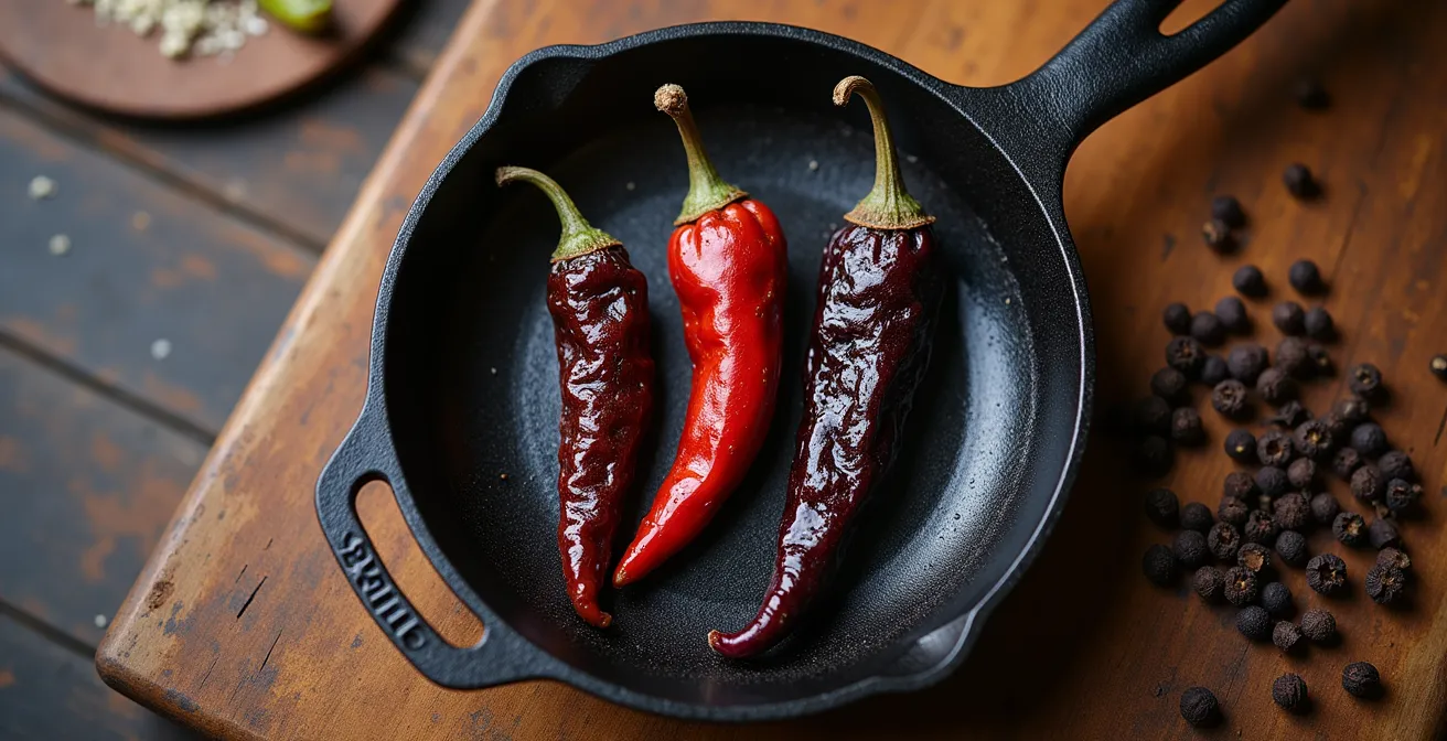 Three dried chilis at different toasting stages showing color progression from raw to perfectly toasted