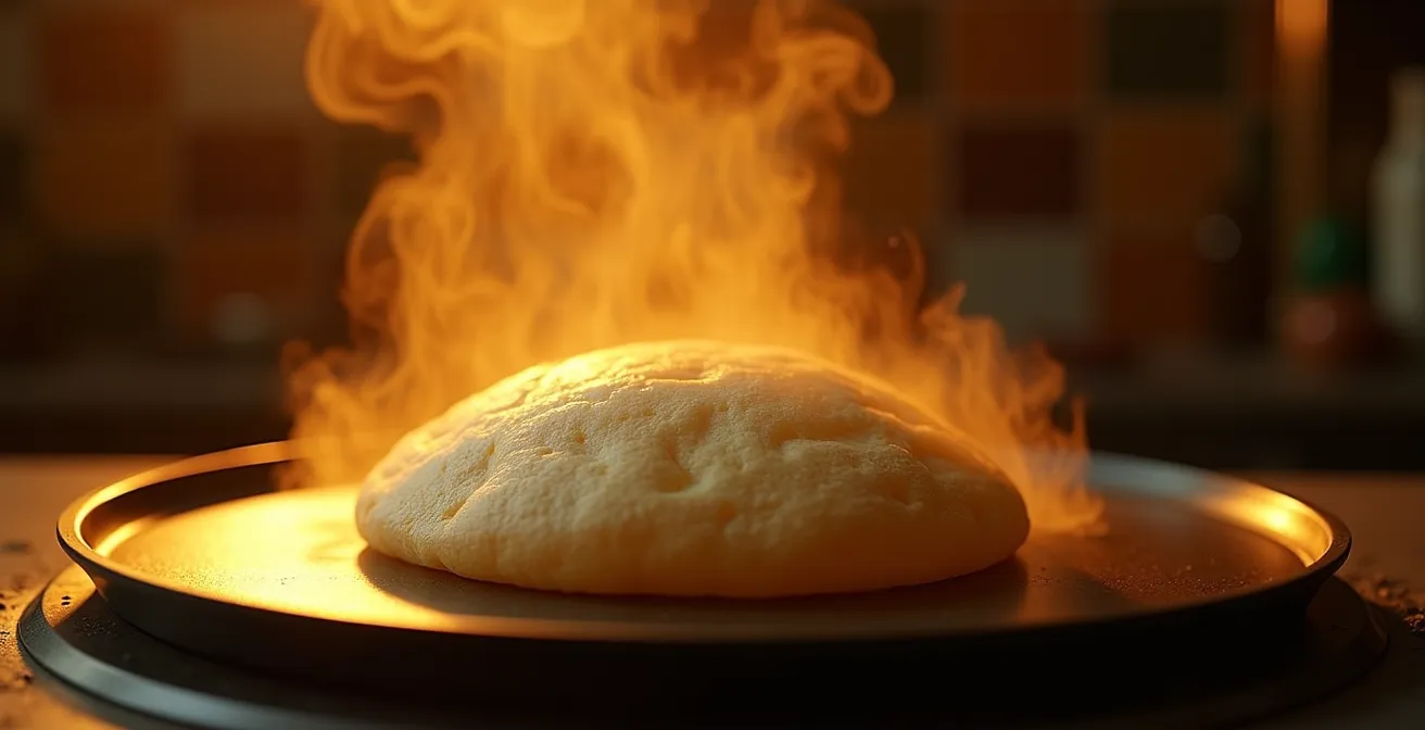 Side view of a puffing corn tortilla on a comal showing the steam pocket formation between layers