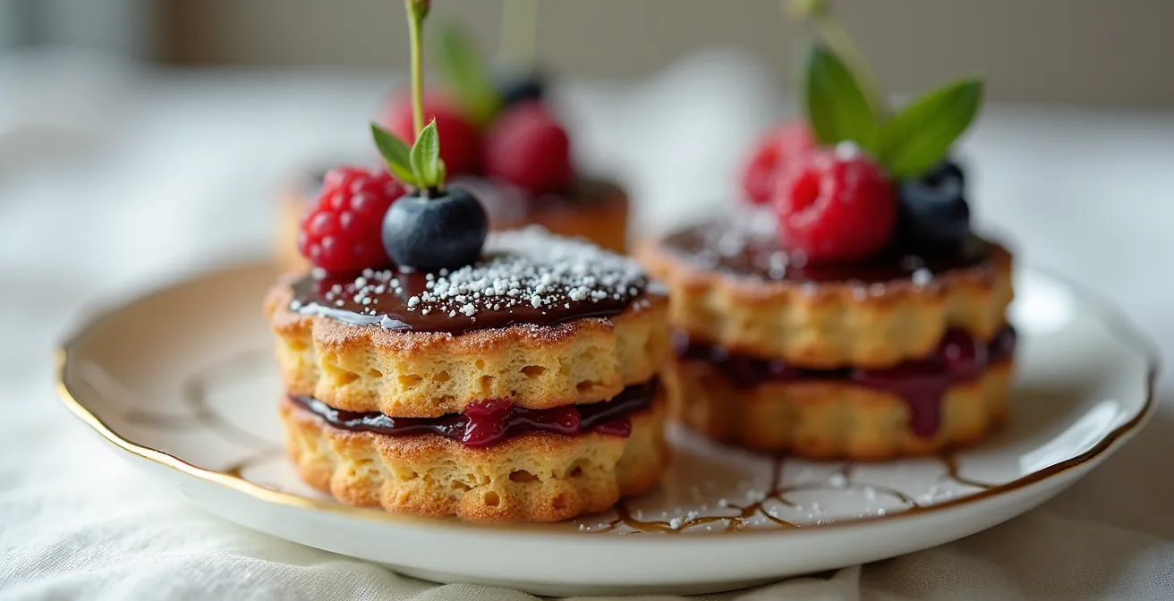 Three delicate pastries arranged on a fine china plate, showcasing a balanced trio of fruit, cream, and chocolate.