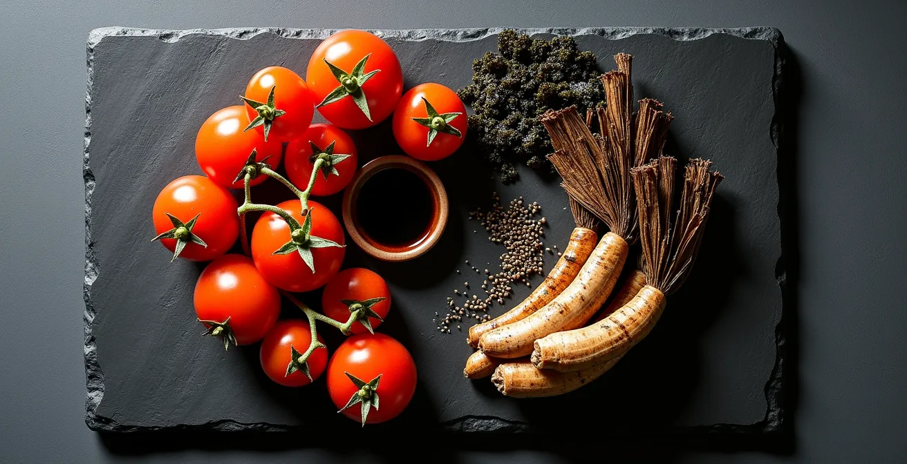 Artfully arranged glutamate and nucleotide-rich ingredients showing synergistic pairings