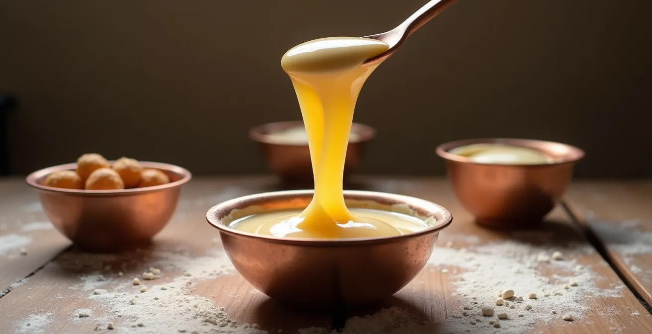 Wooden spoon lifting choux batter showing perfect V-shape formation