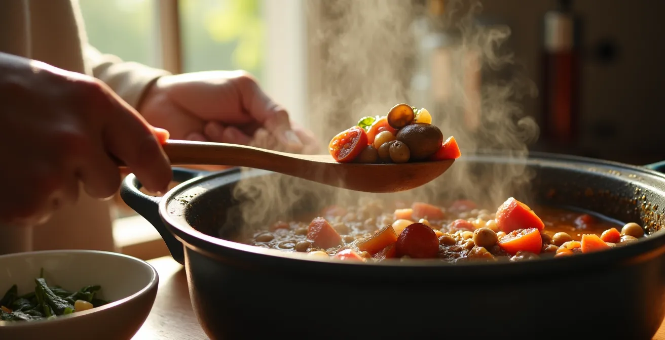 Cross-section view of vegetarian stew showing layers of mushrooms and tomatoes