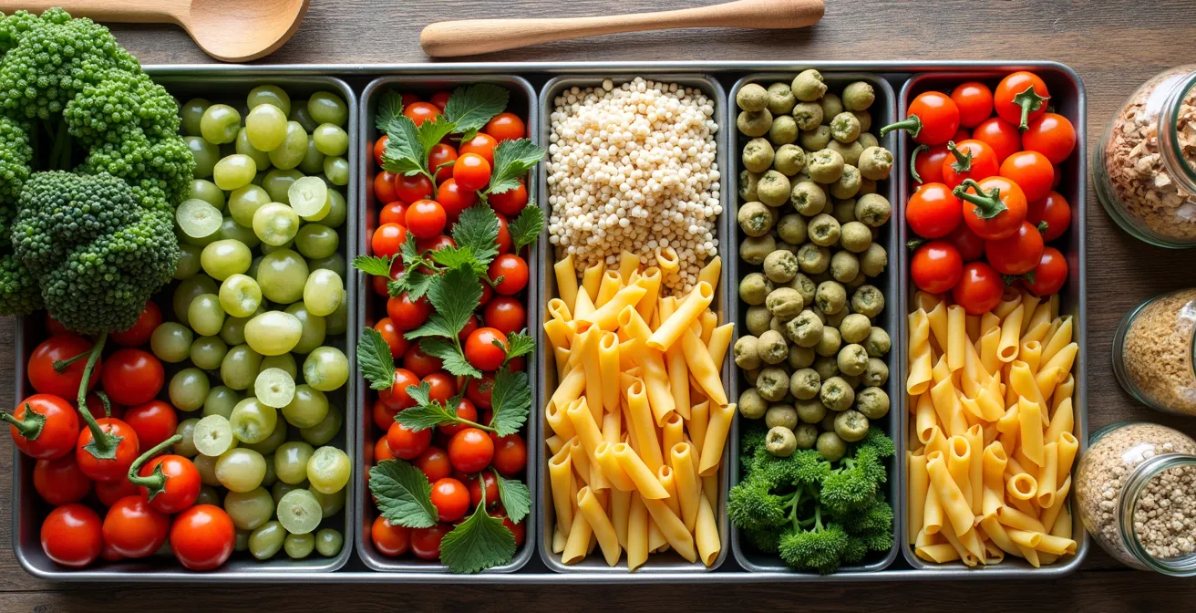 Overhead view of a meal planning board with colorful sticky notes and fresh ingredients arranged by theme