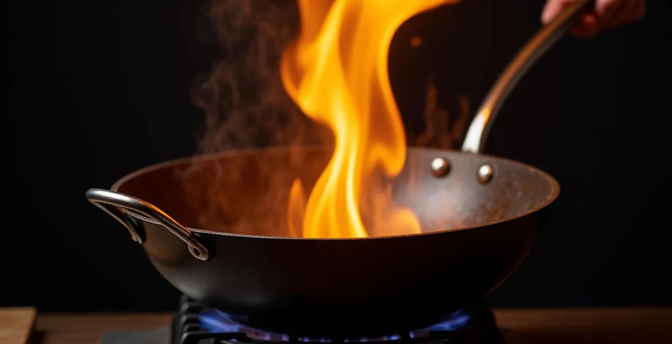 Dramatic shot of oil atomization creating wok hei effect with visible flame licks