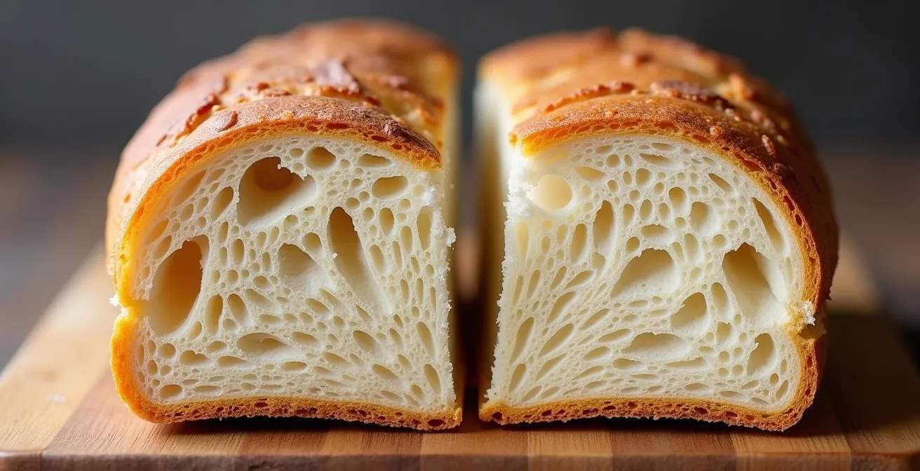 Close-up comparison of bread crumb structures showing different binder effects