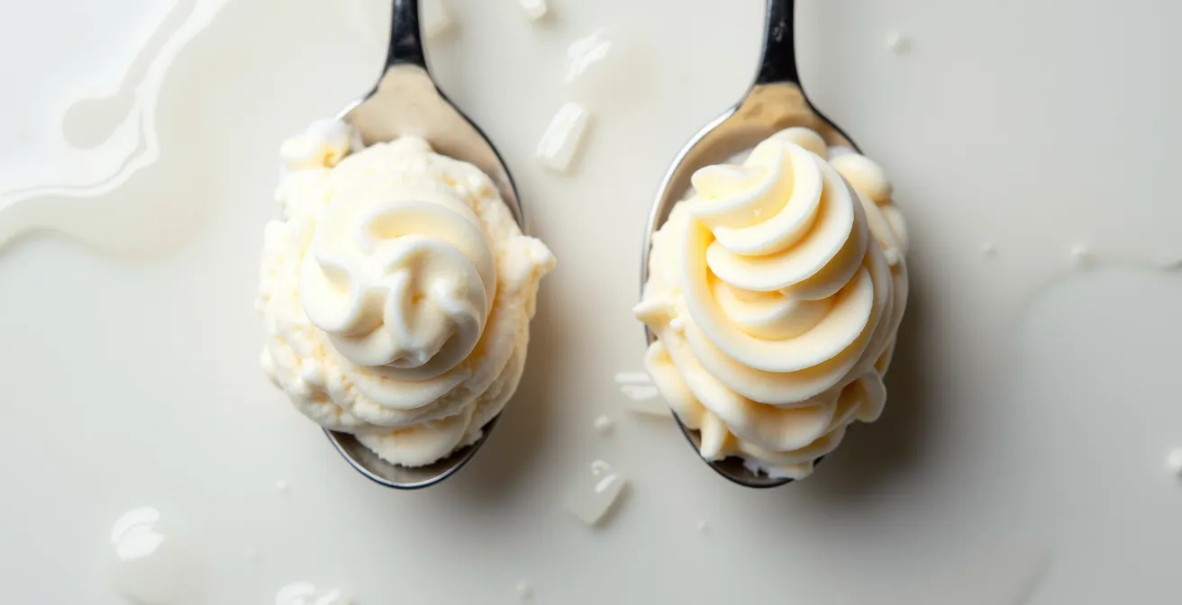 Extreme close-up showing the creamy texture differences between Greek yogurt and regular yogurt frozen desserts