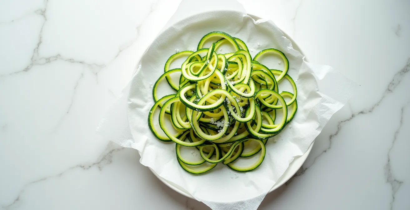 Wide environmental shot of spiralized zucchini noodles laid on parchment with visible salt crystals drawing out moisture