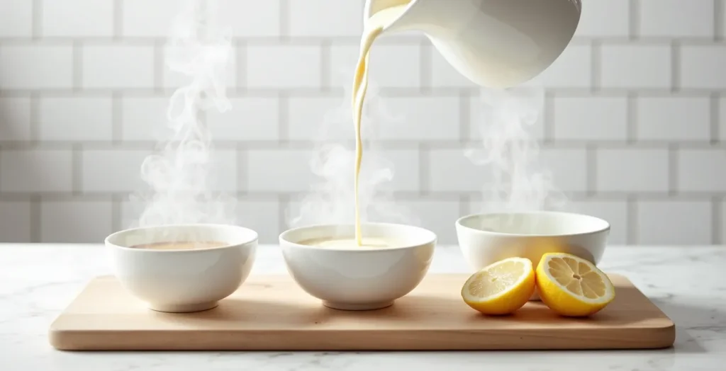 A minimalist kitchen counter displaying three professional techniques for correcting over-salted food: a bowl of clear broth for dilution, cream being poured for fat balancing, and fresh lemons for acid balancing. A minimalist kitchen counter displaying three professional techniques for correcting over-salted food: a bowl of clear broth for dilution, cream being poured for fat balancing, and fresh lemons for acid balancing.
